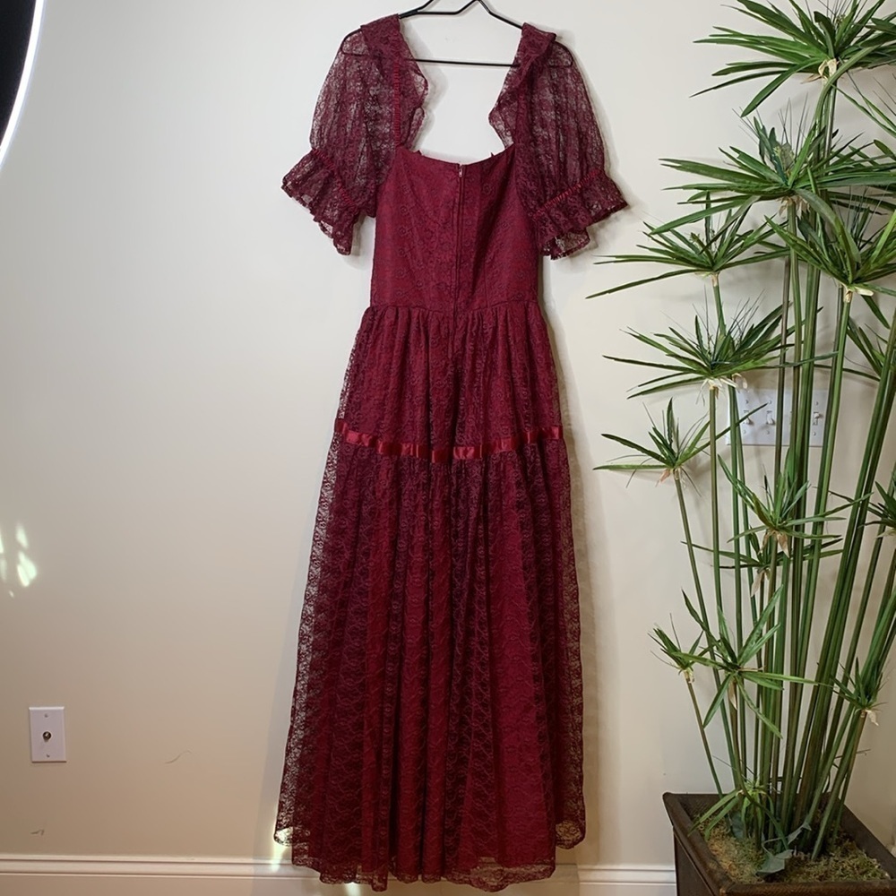 Vintage 70s 80s Crimson Lace Full Sweep Victorian Puff Sleeves Petticoat Gown S - Picture 17 of 17
